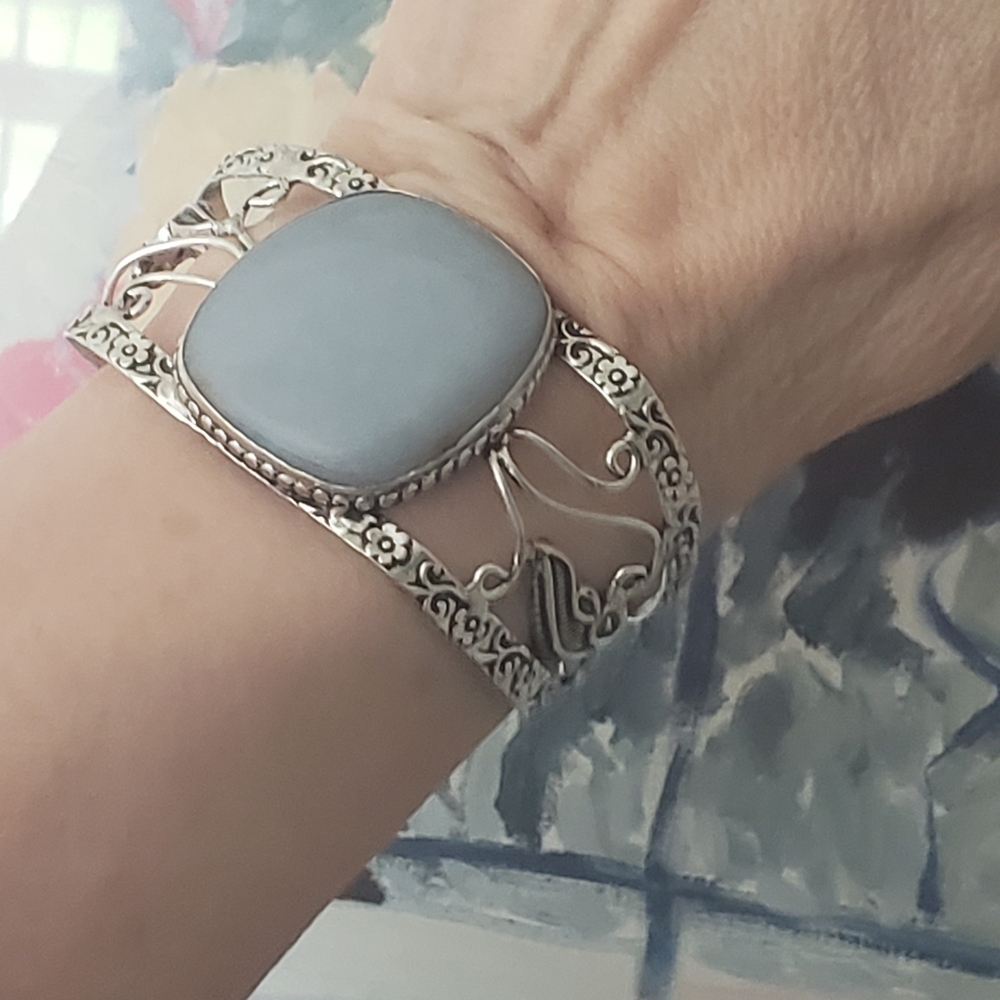 Angelite Gemstone Adjustable 925 Stamped Silver Bracelet, New, Grey Blue, Handmd - Picture 8 of 13